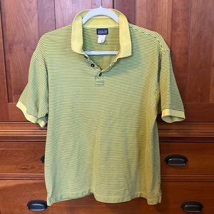 Men’s medium Patagonia cotton polo shirt sleeve green a yellow stripes, 3 botton
